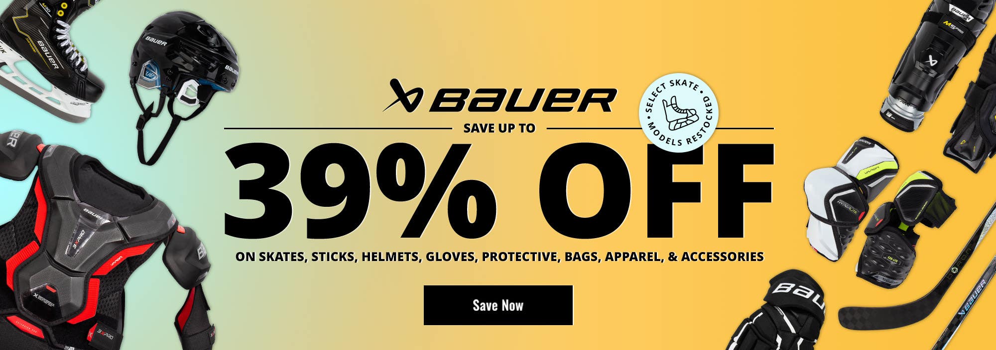 Save up to 39% on Bauer skates, sticks, helmets, gloves, protective, bags, apparel & accessories