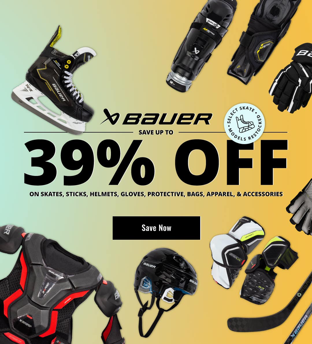 Save up to 39% on Bauer skates, sticks, helmets, gloves, protective, bags, apparel & accessories