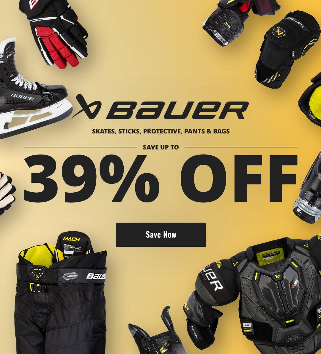 Up to 39% off Bauer skates, sticks, protective, pants & bags