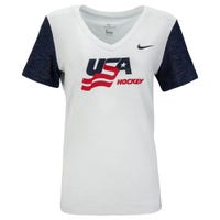 Nike USA Hockey Dri-Fit Cotton Slub V-Neck Women's Short Sleeve T-Shirt in White/Navy Size X-Large