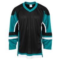 "Stadium Adult Hockey Jersey - in Black/Teal/White Size Goal Cut (Intermediate)"