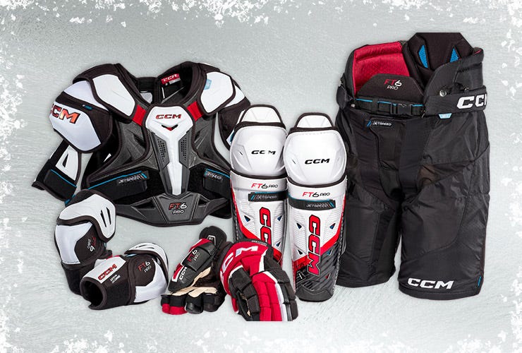 CCM Jetspeed FT6 hockey protective on an icy background