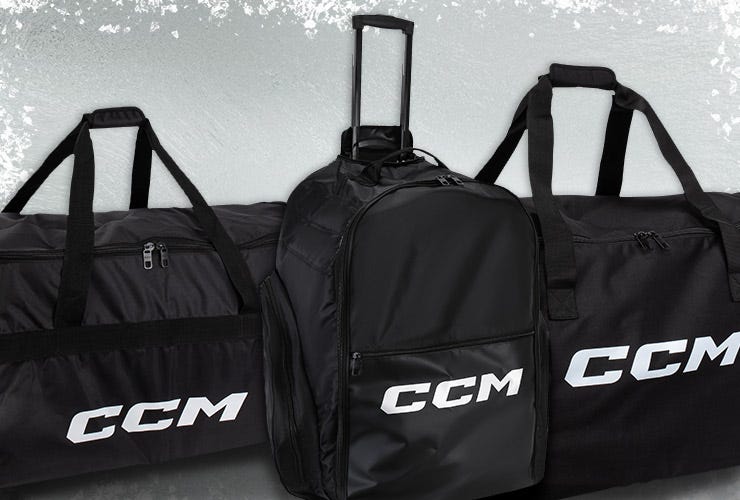 CCM equipment bags on an icy background