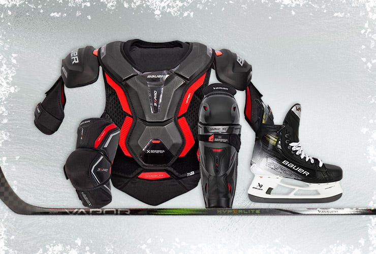Bauer Vapor hockey equipment on an icy background