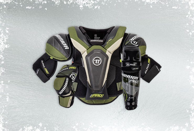 Warrior Alpha Pro hockey protective on an icy background