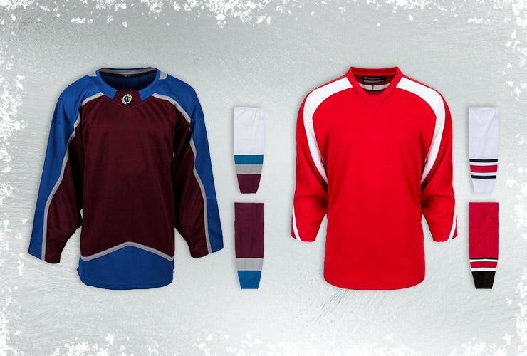 MonkeySports hockey jerseys and hockey socks on an icy background