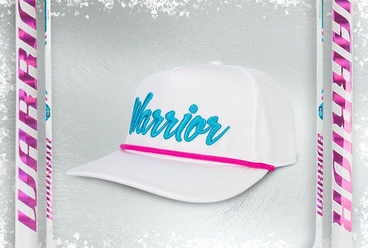 Warrior Covert QR6 Miami Vibe hockey sticks and rope hat on an icy background