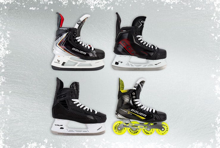 Three ice hockey skates and one roller hockey skate on an icy background
