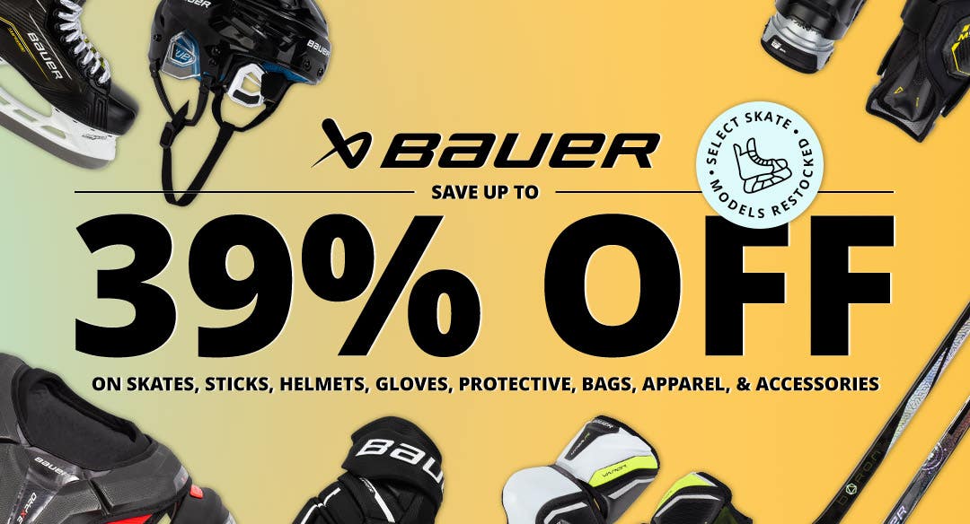Save up to 39% on Bauer skates, sticks, helmets, gloves, protective, bags, apparel & accessories