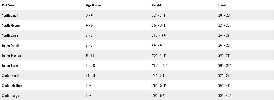 hockey shoulder pad sizing chart