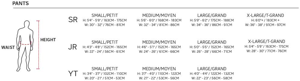 warrior hockey pant sizing chart