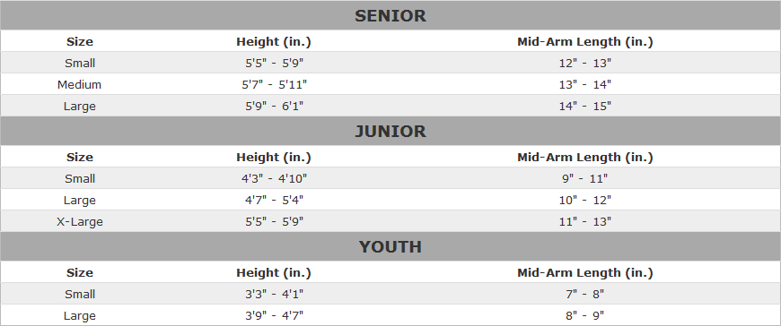 Warrior Elbow Pad Sizing Chart