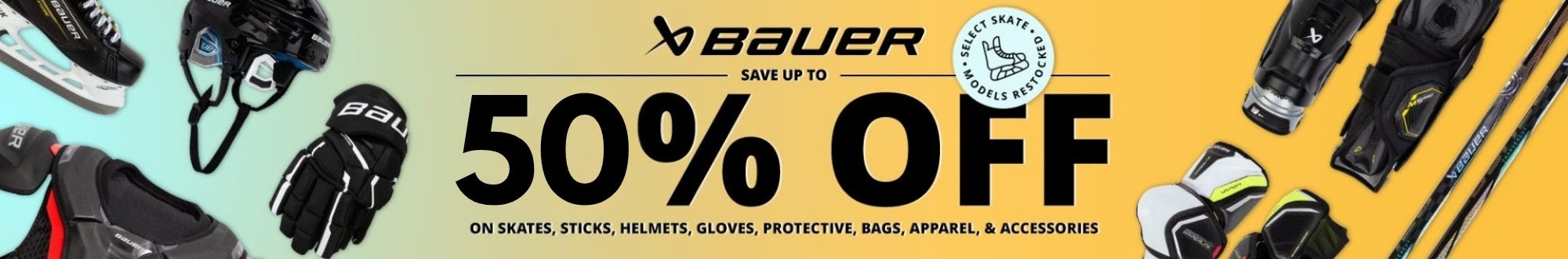 Save up to 39% on Bauer skates, sticks, helmets, gloves, protective, bags, apparel & accessories
